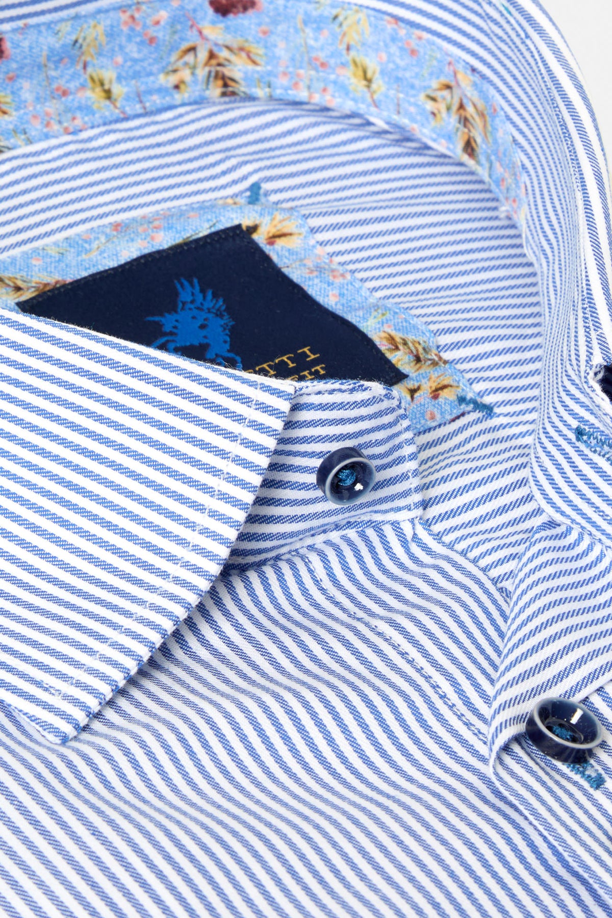 Benetti Sydney Navy long sleeve shirt close-up of striped collar, floral inner trim and navy buttons