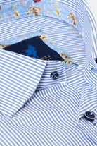 Benetti Sydney Navy long sleeve shirt close-up of striped collar, floral inner trim and navy buttons