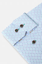 Benetti Tokyo Green Long Sleeve Shirt, close-up of cuff with patterned fabric, brown buttons, and green stitching detail.