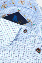 Close-up of a Benetti Tokyo Green Long Sleeve Shirt with a patterned button placket, brown buttons, and inner collar label visible.