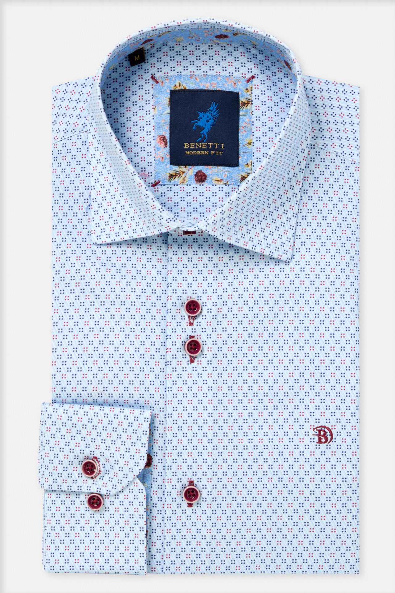 Benetti Tokyo Wine Long Sleeve Shirt, folded front view with light patterned fabric, wine buttons, and visible collar and cuff details.