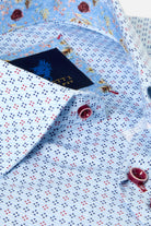 Benetti Tokyo Wine long sleeve shirt close-up showing patterned fabric, collar, label and wine buttons.