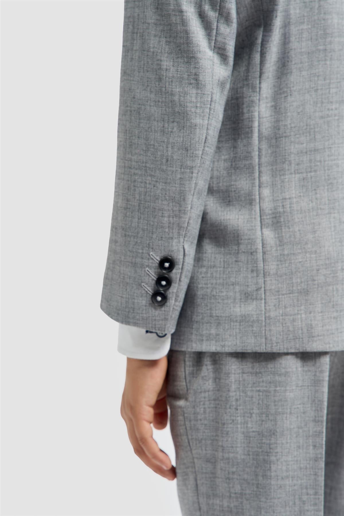 Gray checkered suit jacket with buttons on a white background
