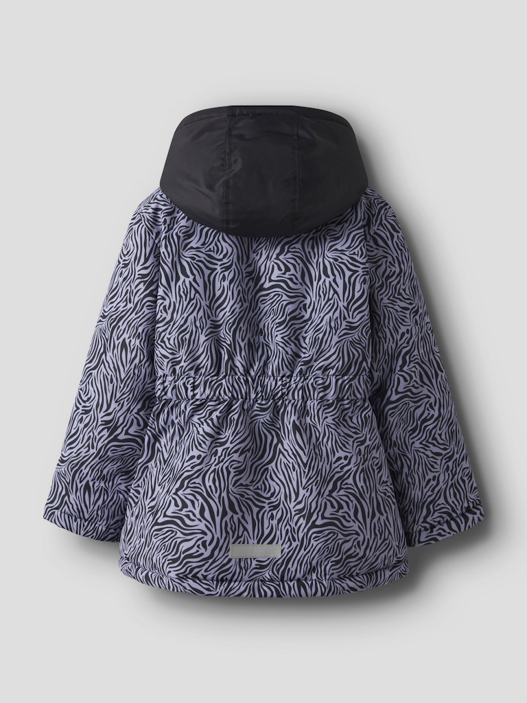 Zebra-patterned jacket with black hood on a light gray background