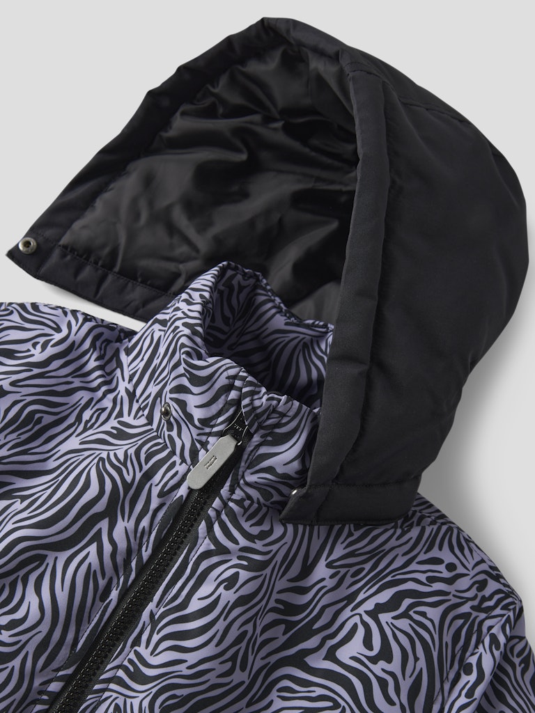 Black hooded jacket with zebra pattern on a light gray background