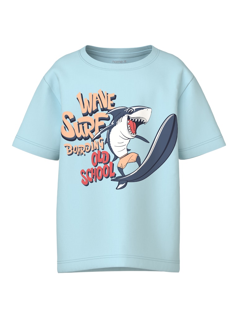 Light blue t-shirt with a shark graphic and text on a white background