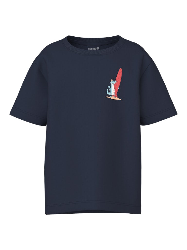 Navy blue t-shirt with a small graphic on the chest against a white background
