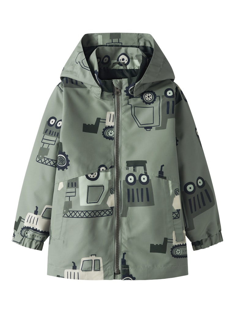 Children's raincoat with vehicle pattern on a white background