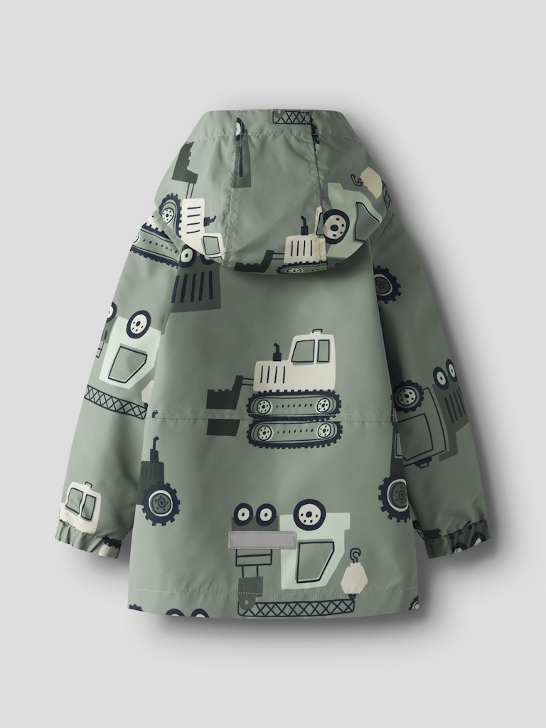 Children's raincoat with robot and vehicle pattern on a light gray background