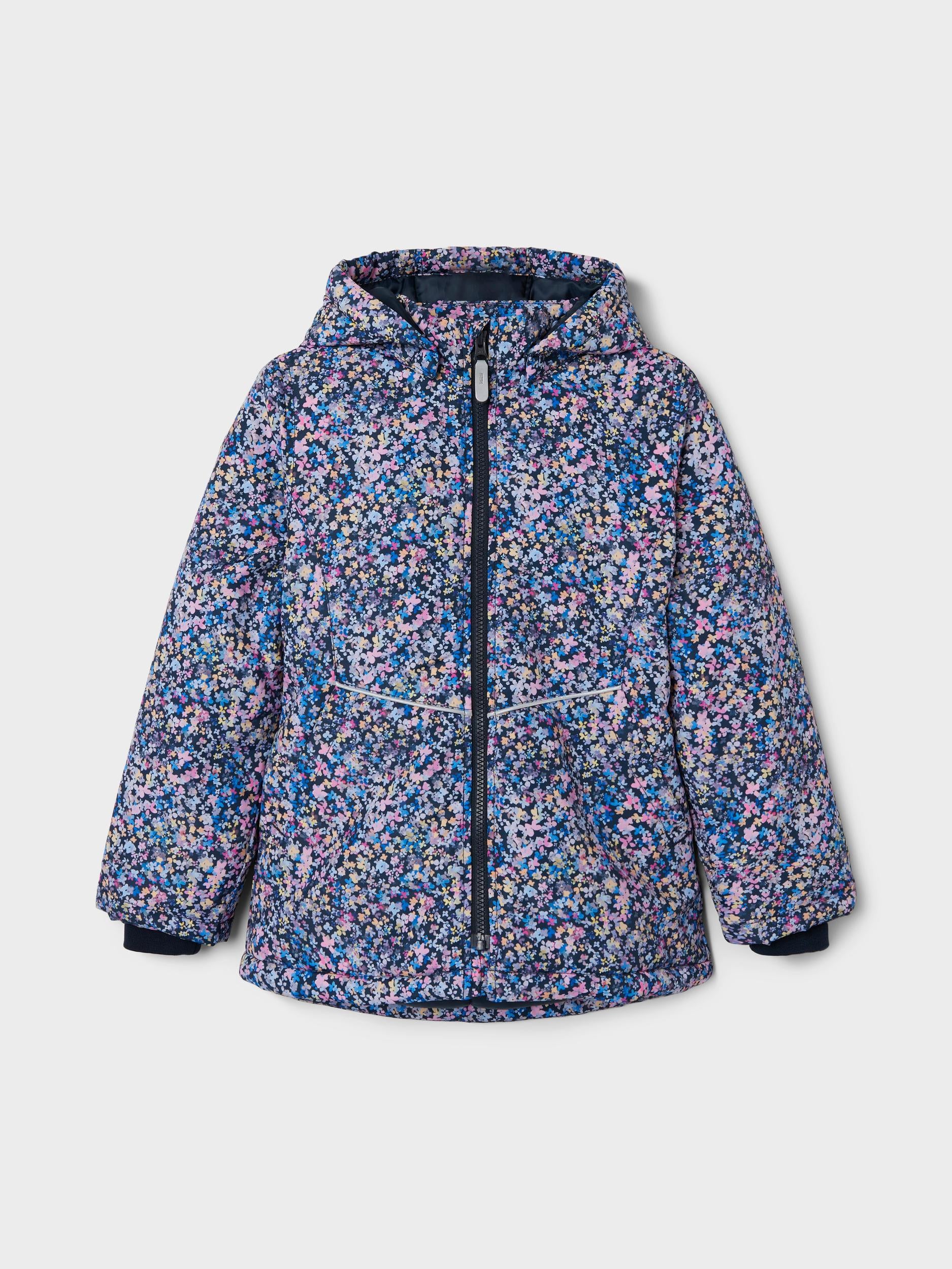 Girl's Kid Girl Maxi Jacket Small Flowers-Dark Sapphire-Front View