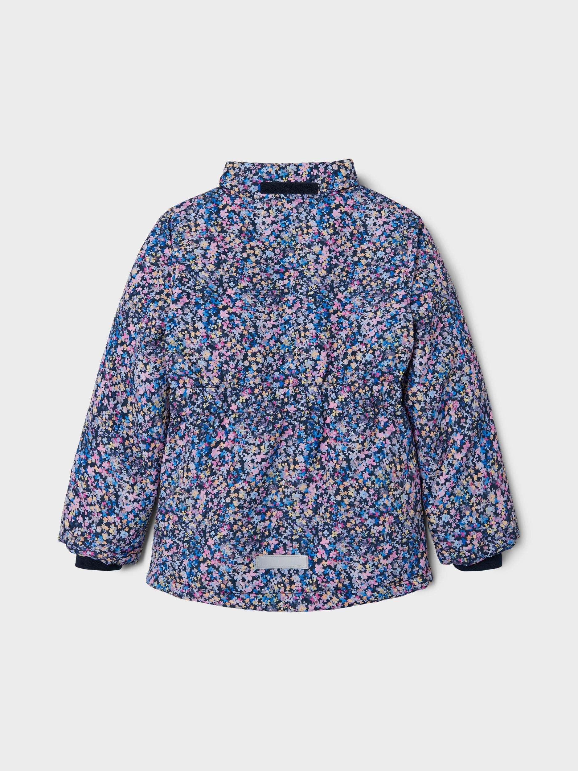 Kid Girl Maxi Jacket Small Flowers-Dark Sapphire-Back View Without Hood
