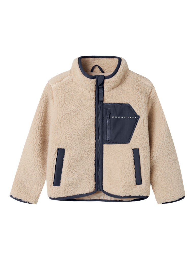 Beige fleece jacket with navy accents on a white background