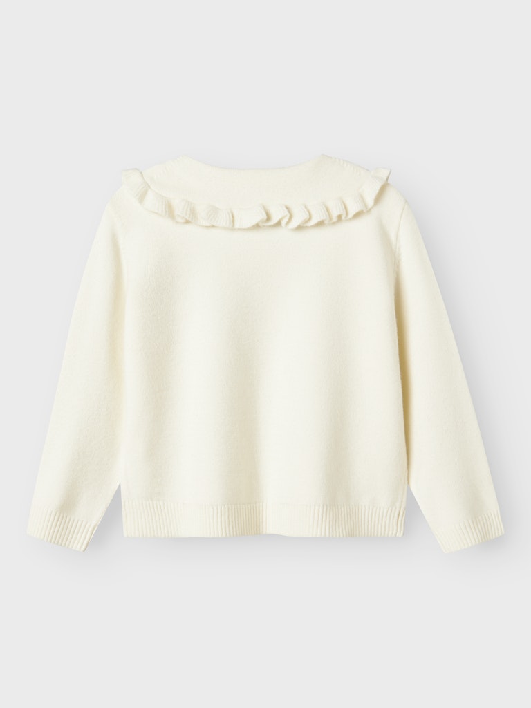 Cream-colored cardigan with ruffled details on a light gray background