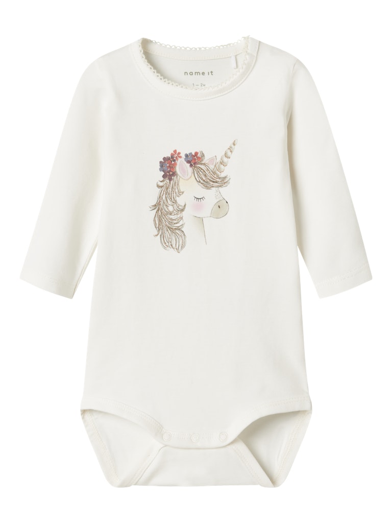 White baby bodysuit with unicorn design on a white background
