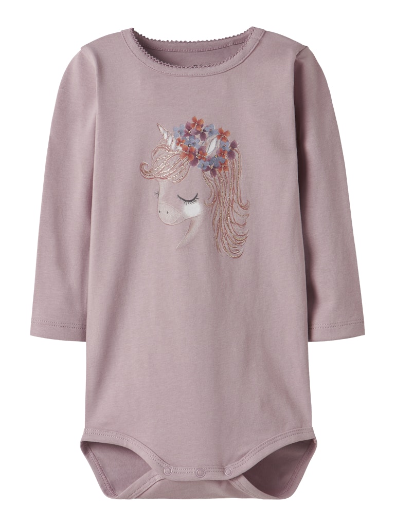 Purple bodysuit with unicorn design on a white background