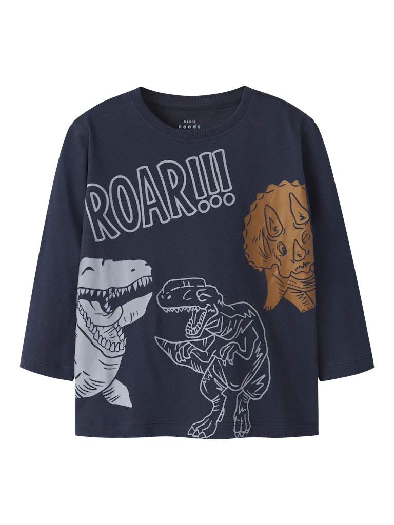 Navy blue t-shirt with dinosaur graphics and 'ROAR!!!' text on a white background