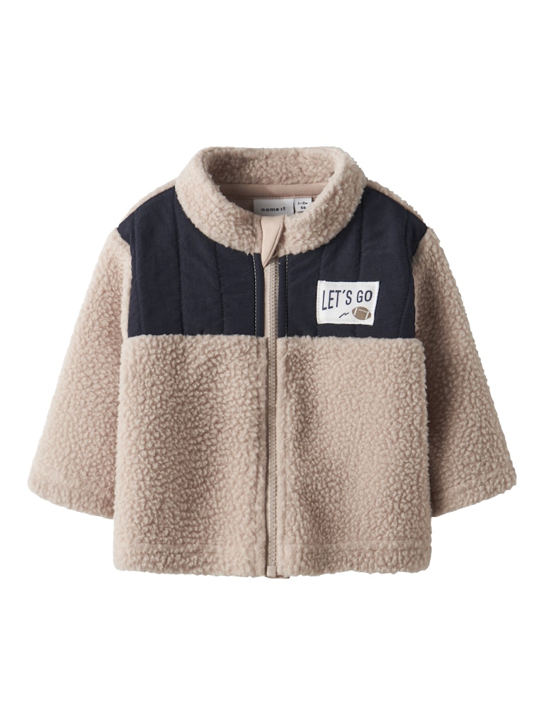 Children's fleece jacket with a navy blue and beige design on a white background