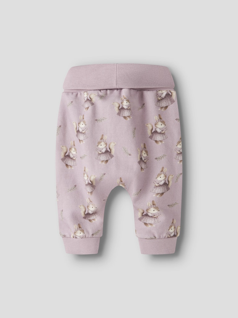 Squirrel-patterned baby pants on a light gray background