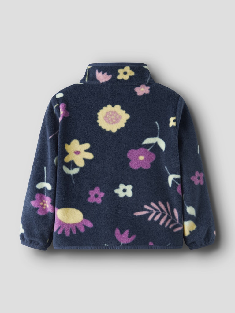 Navy blue fleece jacket with colorful floral pattern on a light gray background
