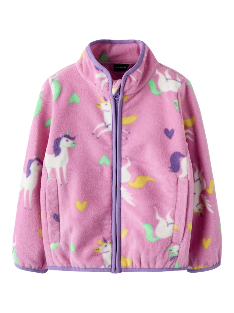 Pink children's jacket with unicorn pattern on a white background