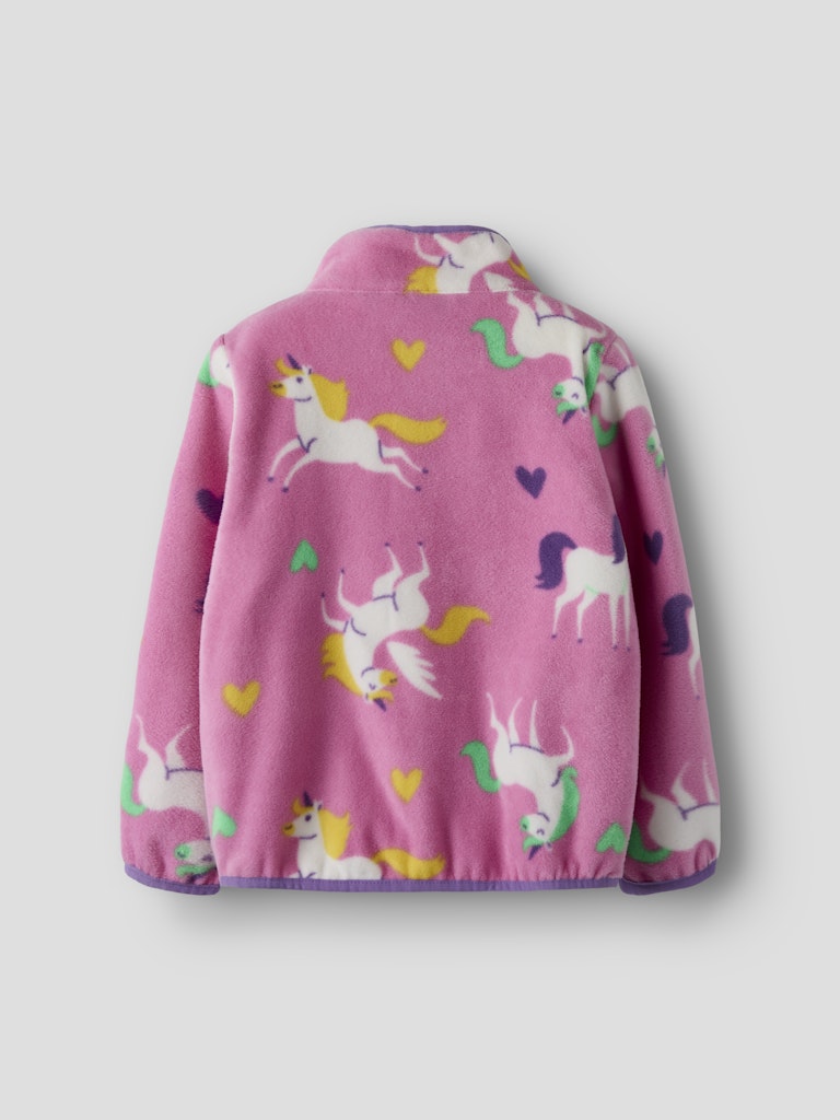 Pink fleece jacket with unicorn pattern on a light gray background