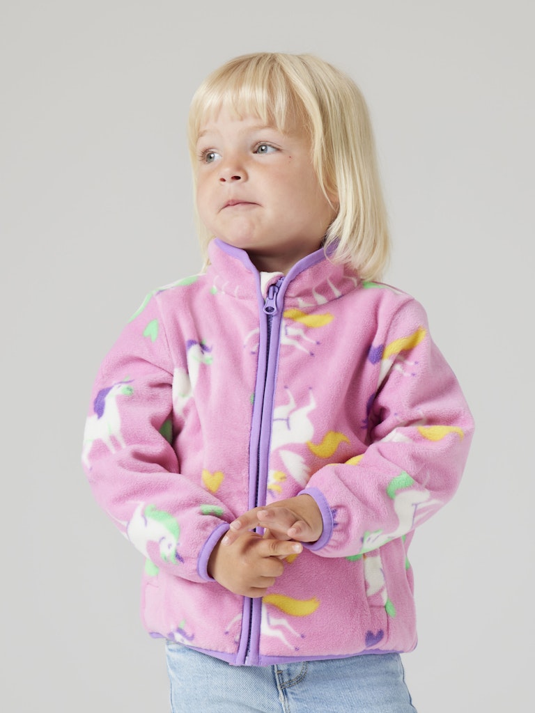 Child wearing a pink fleece jacket with colorful patterns on a plain background-Jennifer Fleece Jacket - Fuchsia Pink