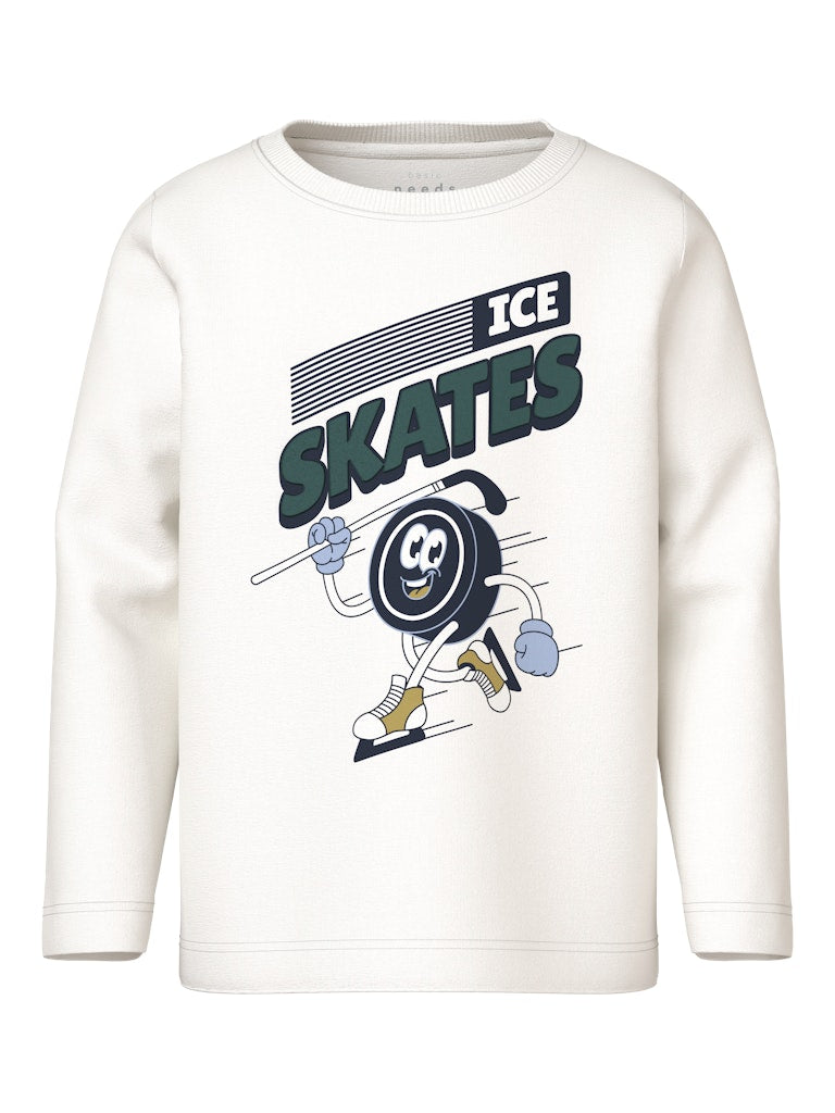 Off white long sleeve kids top with an Ice skates graphic on the front.