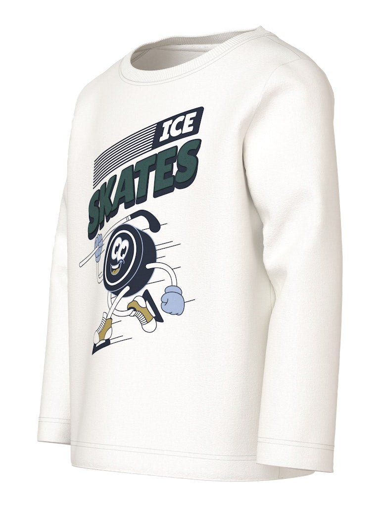 Off white long sleeve kids top with an Ice skates graphic on the front- Side view