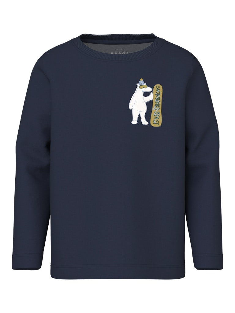 Navy blue sweatshirt with a white bear graphic and text on a white background