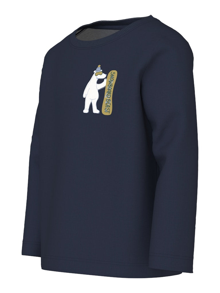 Navy long-sleeve shirt with a white bear graphic and text on a white background