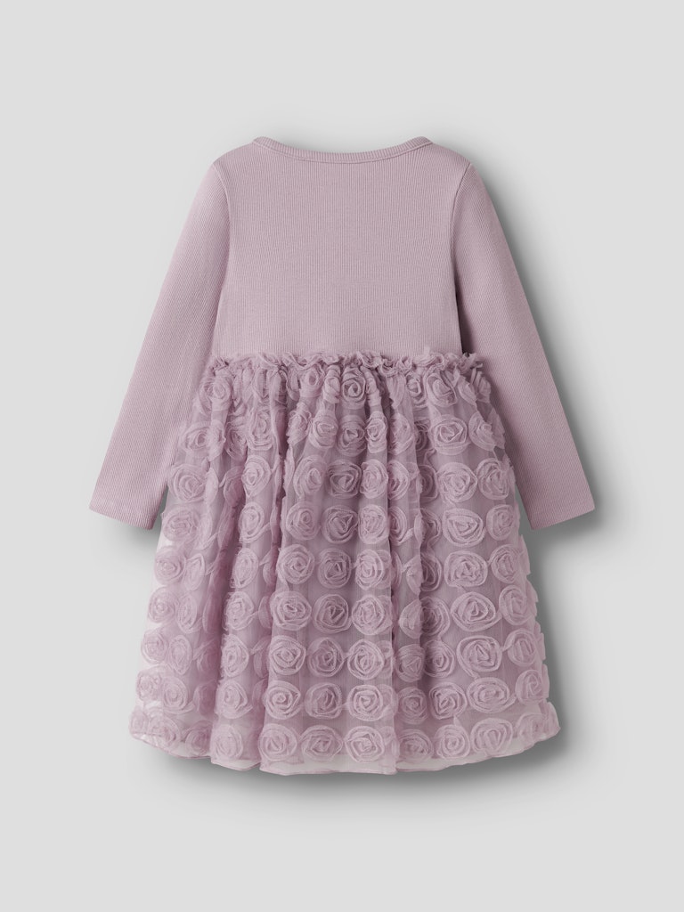 Pink dress with lace details on a light gray background