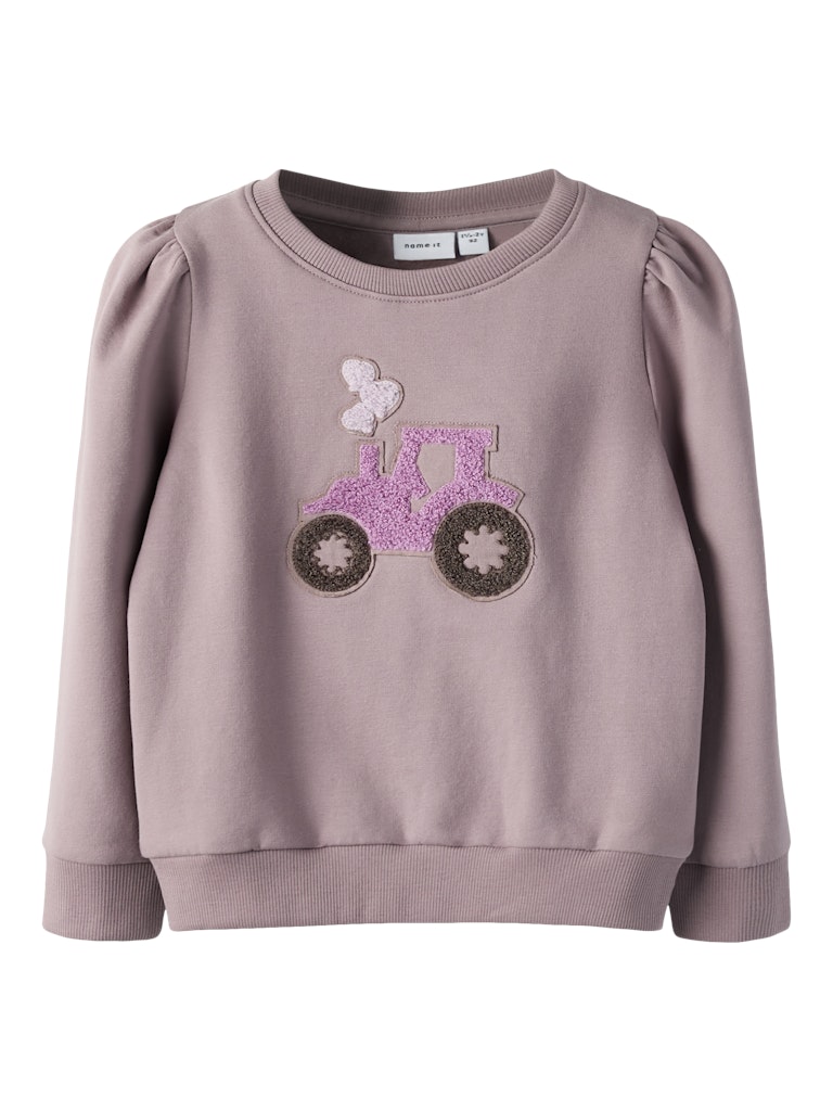 Purple sweatshirt with a decorative patch on a white background