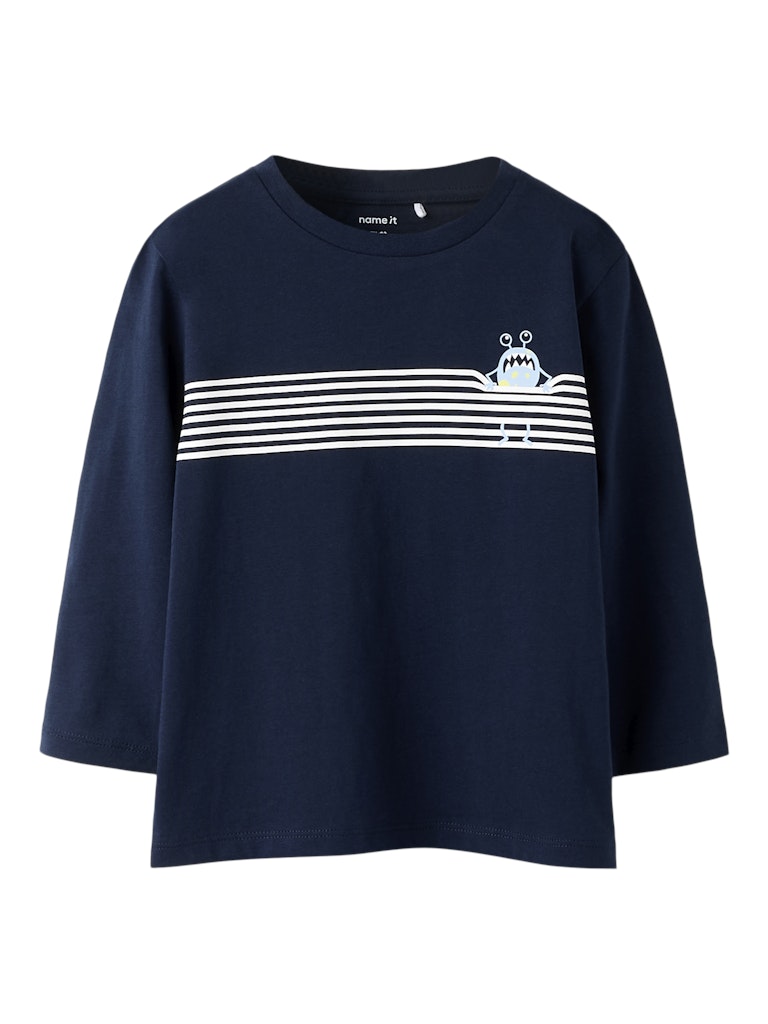 Navy blue long-sleeve shirt with white stripes and a character design on a white background