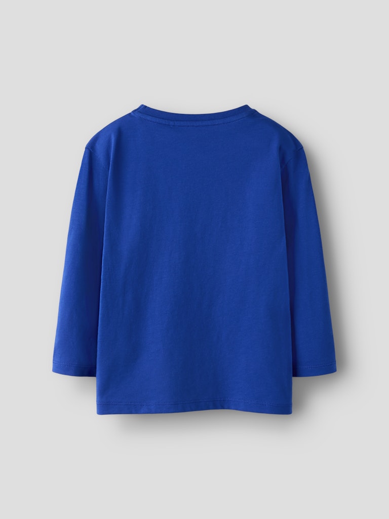 Blue long-sleeve shirt on a light gray background