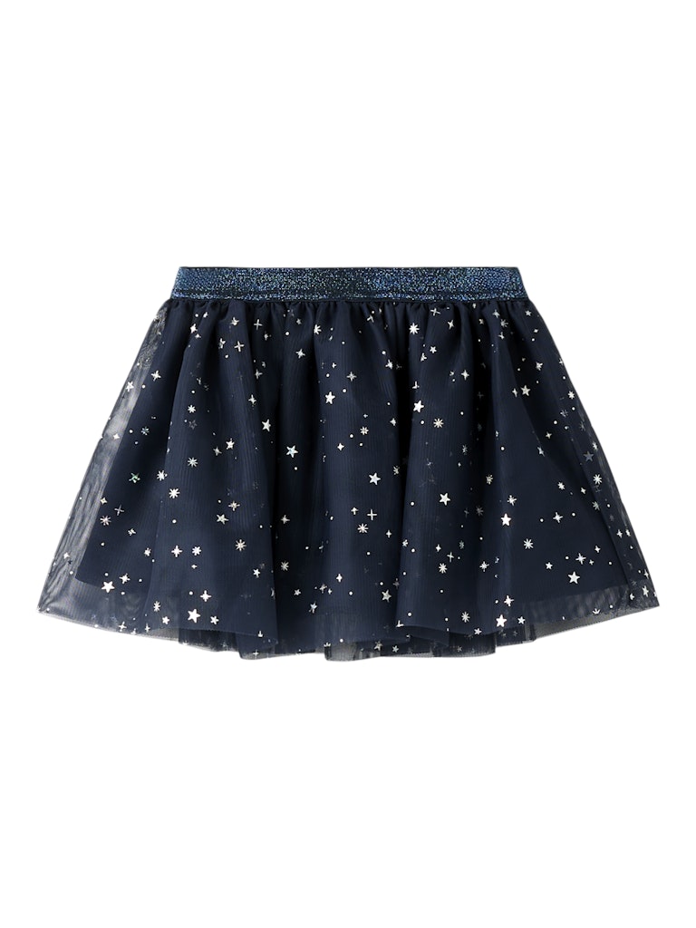 Navy blue skirt with star pattern on a white background