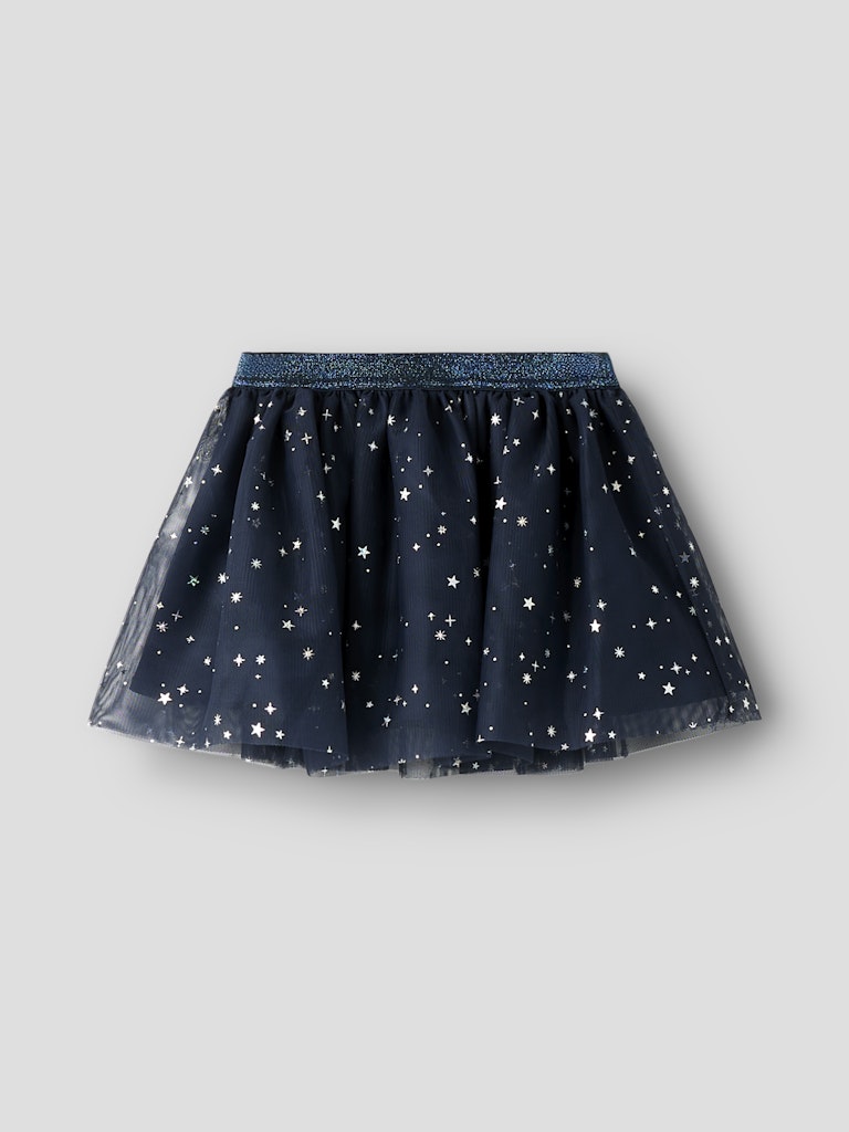 Navy blue tulle skirt with star pattern on a light gray background