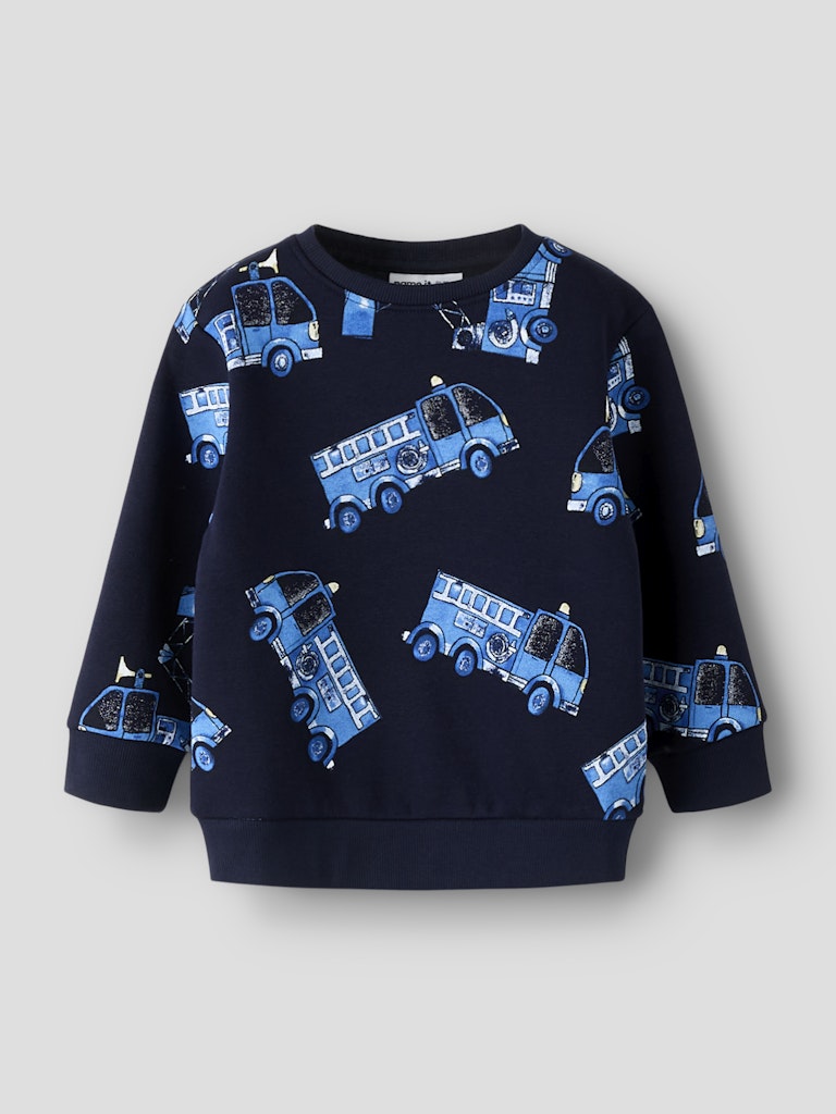 Navy blue sweatshirt with blue bus pattern on a light gray background