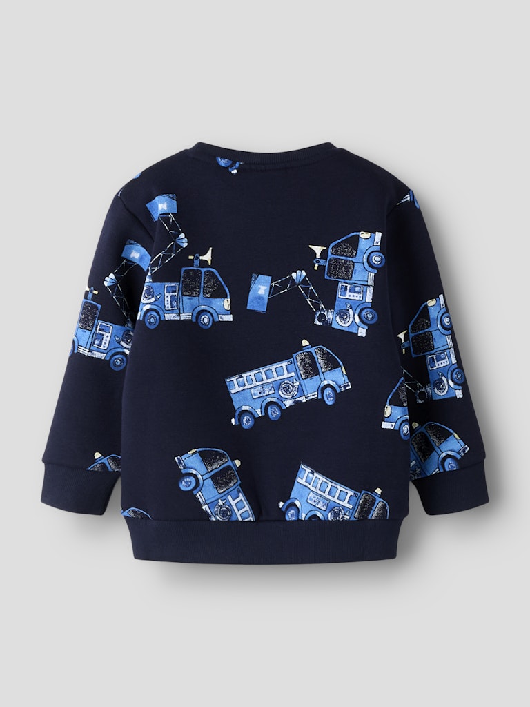 Navy blue sweatshirt with blue fire truck pattern on a light gray background