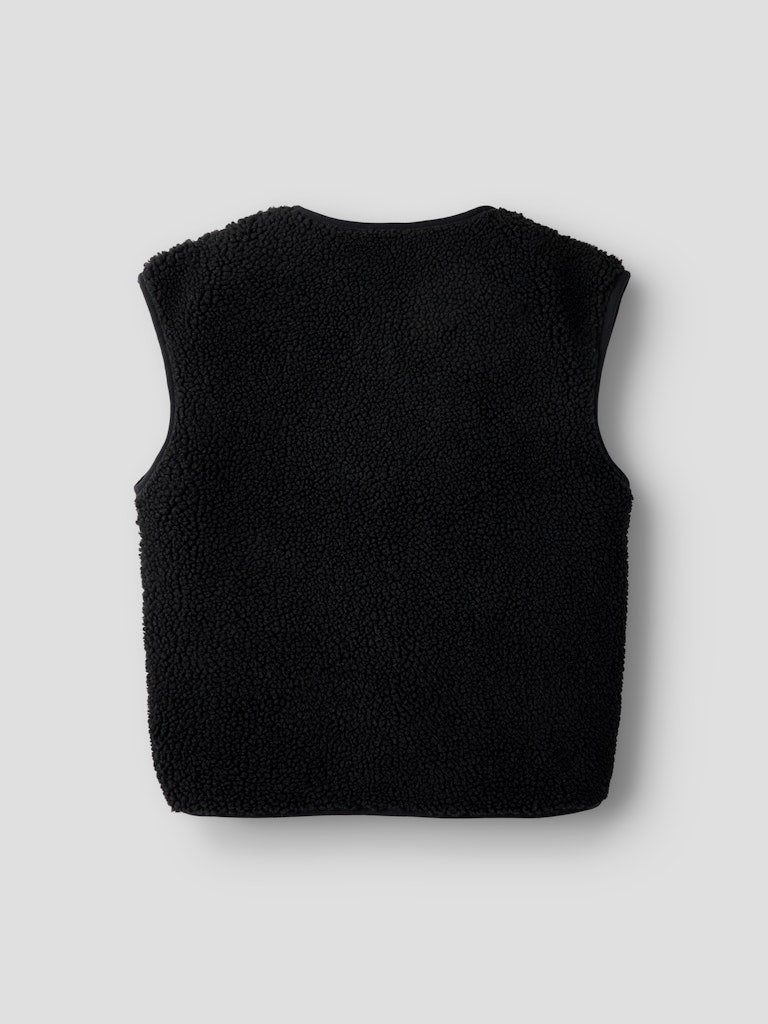Black fleece vest on a light gray background