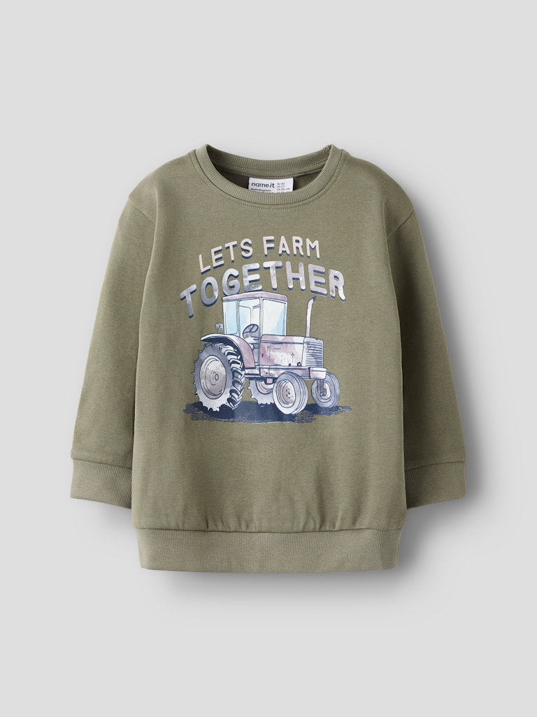 Green sweatshirt with tractor graphic and 'Let's Farm Together' text on a light gray background
