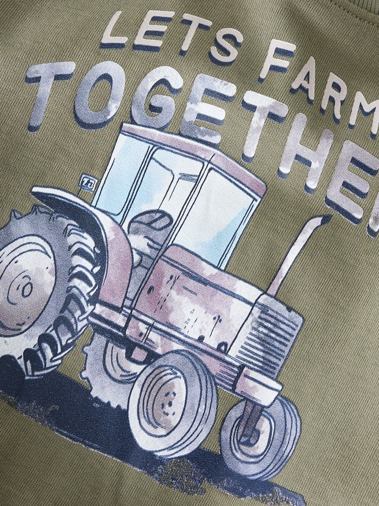 Tractor graphic with 'Let's Farm Together' text on a green background