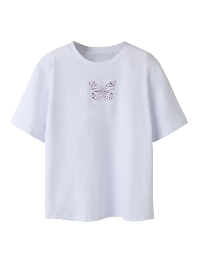 White t-shirt with a butterfly design on a white background