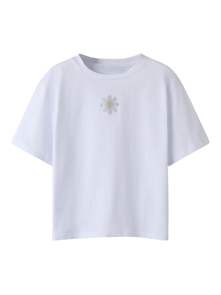 White t-shirt with a decorative flower design on a white background