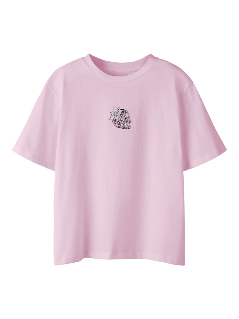 Pink t-shirt with a decorative strawberry design on a white background