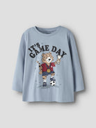 NAME IT Lauge kids long-sleeve top in Ashley Blue front view with tiger football print
