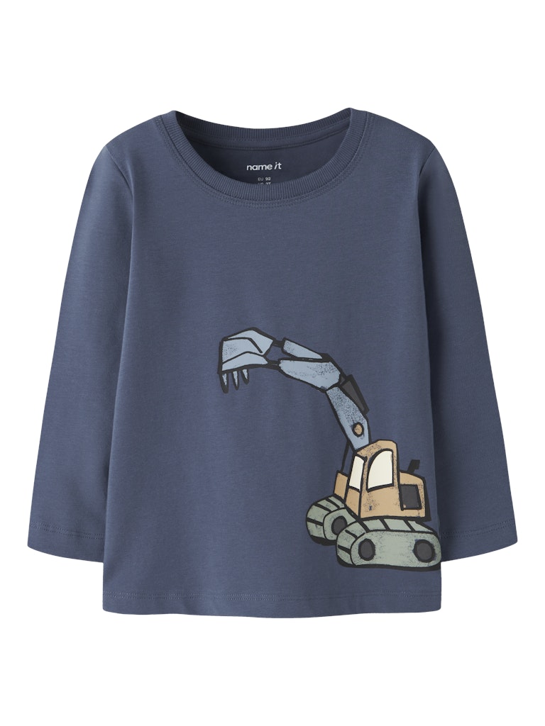 Blue long-sleeve shirt with an excavator graphic on a white background