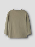 A long-sleeve crewneck t-shirt in a muted sage green color, shown from the back against a light gray background.