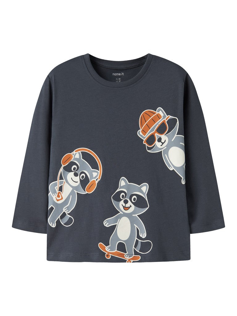 A dark gray long-sleeve t-shirt featuring three cartoon raccoon graphics in orange, gray, and white, displayed on a clean white background.
