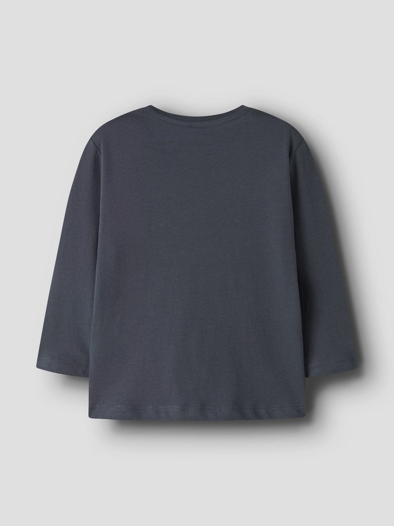 Blue sweatshirt with a tractor design on a light gray background
