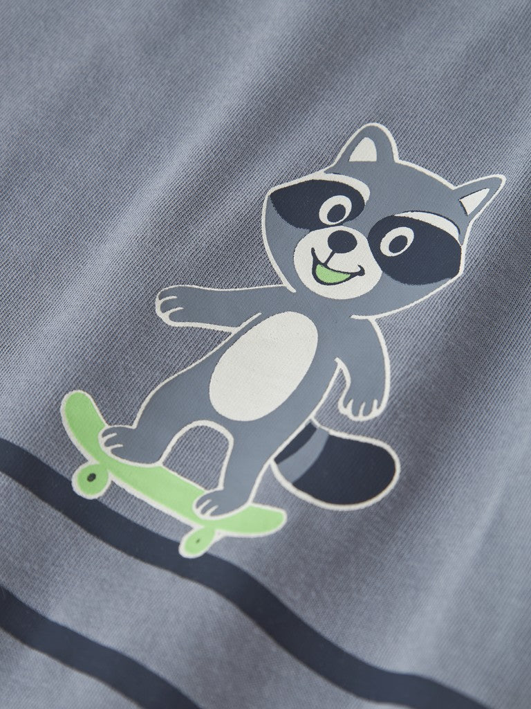 Close-up of a gray fabric surface featuring a cartoon raccoon riding a light green skateboard, with dark navy horizontal stripes below.